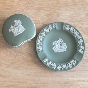 Wedgwood Celadon Green Jasperware Cupid Vanity Set Bean Box and Trinket Pin Dish